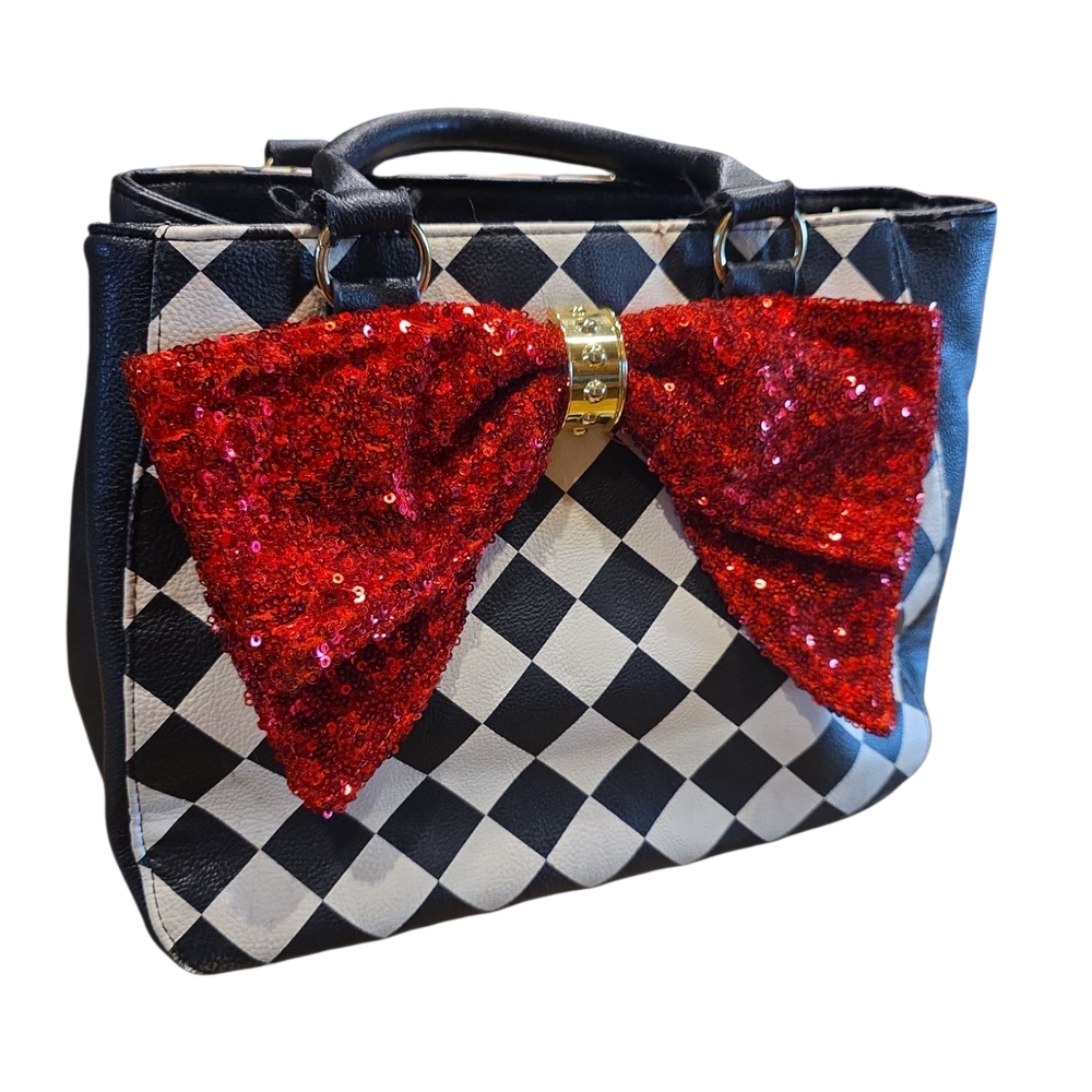 Betsey Johnson Black and White Checkered Shoulder Bag with Red Bow